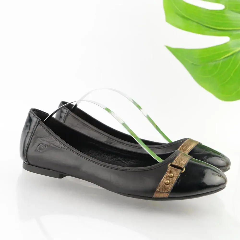 Born Womens Masia Ballet Flats Size 7 Black Leather Patent Cap Toe Slip On Shoes